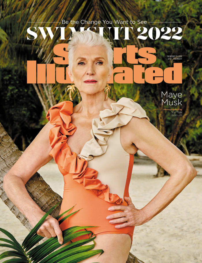 Maye Musk was photographed by Yu Tsai in Belize. Swimsuit by Maygel Coronel. Bracelet by Viktoria Hayman.